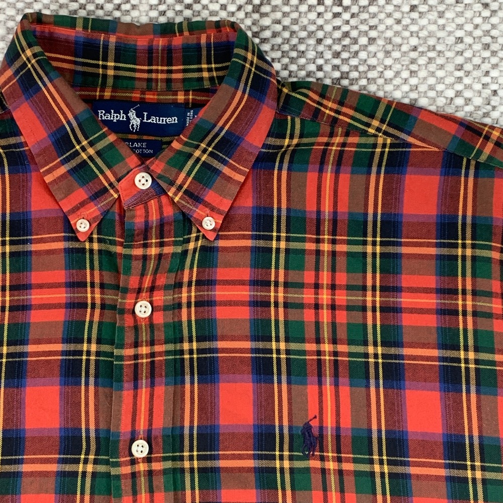 Ralph Lauren Button Down Shirt Mens L Red Green Plaid Blake Cotton Long Sleeve